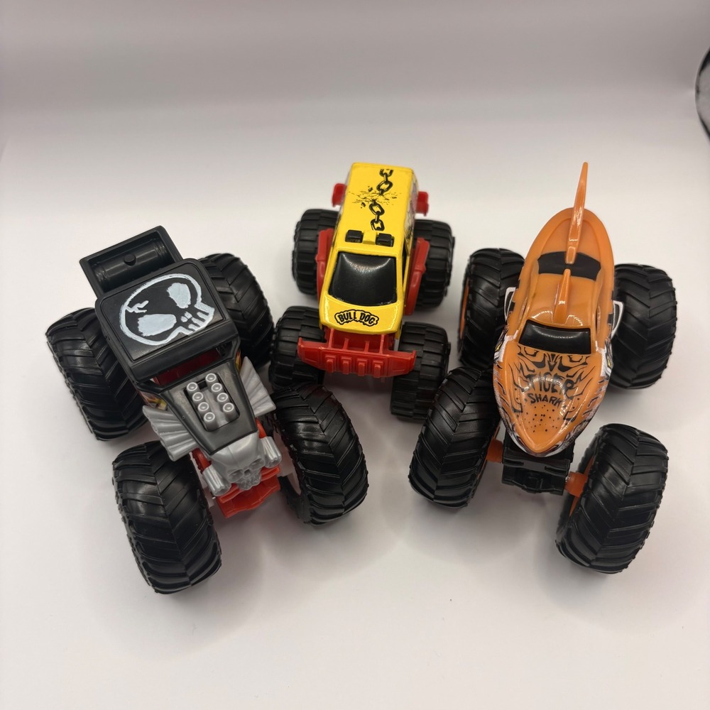 Hot Wheels Monster Jam Truck Lot Tiger Shark Bone Shaker Bull Dog 3 Pack